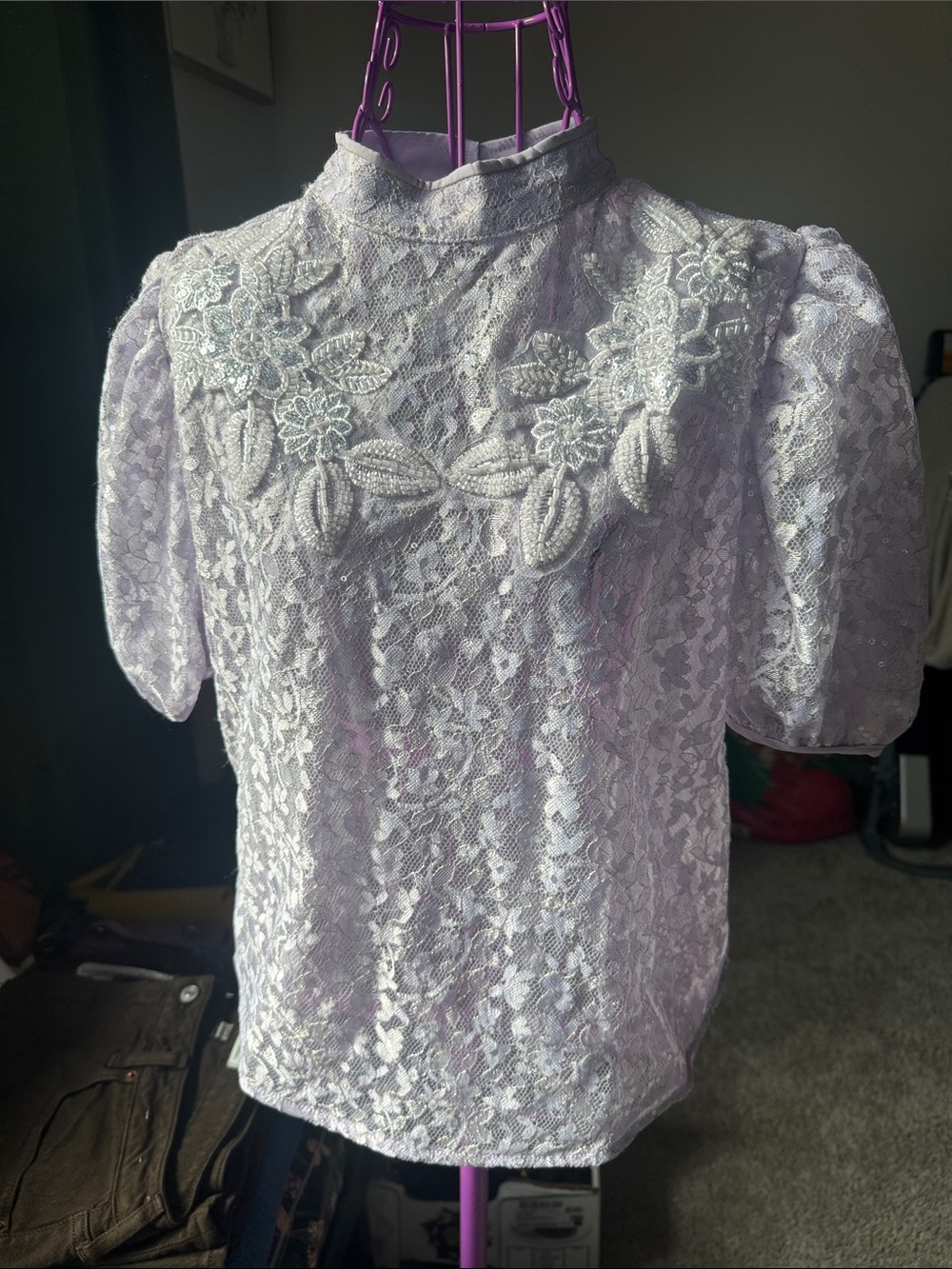 MOTF Embroidered Lace Short Sleeve Blouse - Light Lavender